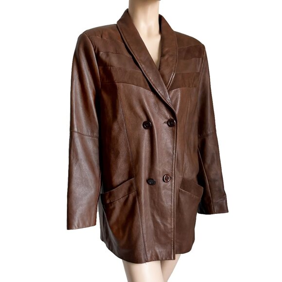 VIVA Brown Leather Jacket Made in Finland Size 44 Retro 80s Double Breasted - Picture 1 of 8